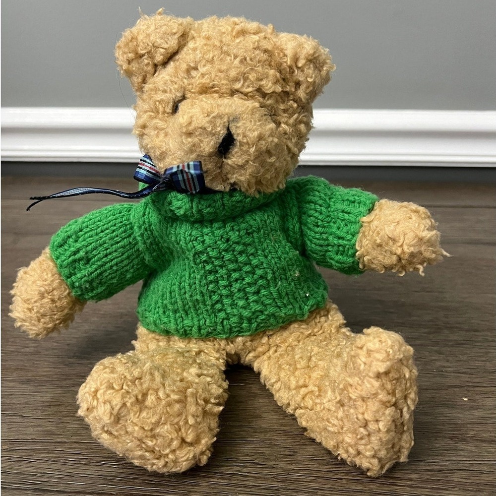Vintage 1992 TY Classic Teddy Bear Plush With Green Cable Knit Sweater